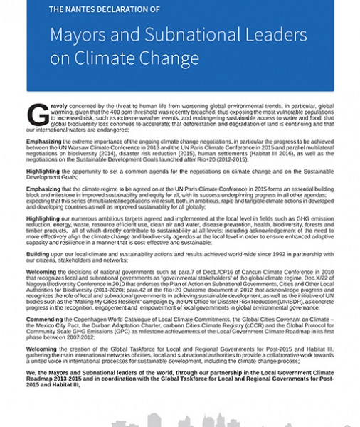 The Nantes Declaration of Mayors and Subnational Leaders on Climate Change