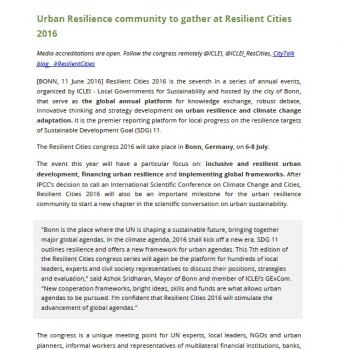 Press release. Urban Resilience community to gather at Resilient Cities 2016
